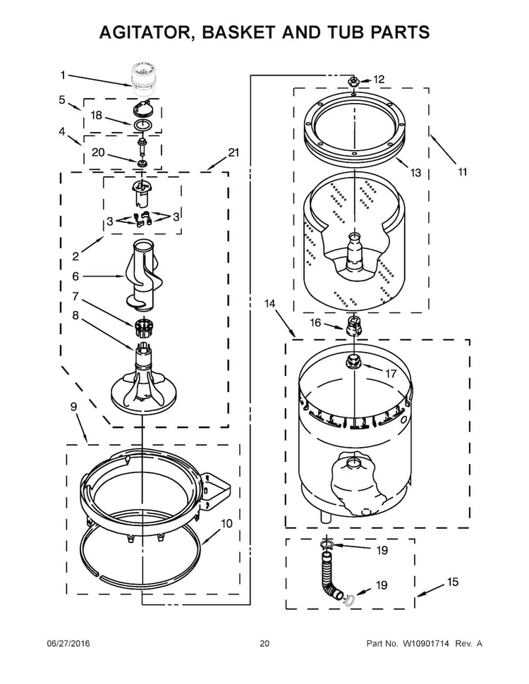 Agitator, Basket And Tub Parts Diagram and Parts List for 7MWET3300EQ1  Whirlpool Washer Dryer Combo