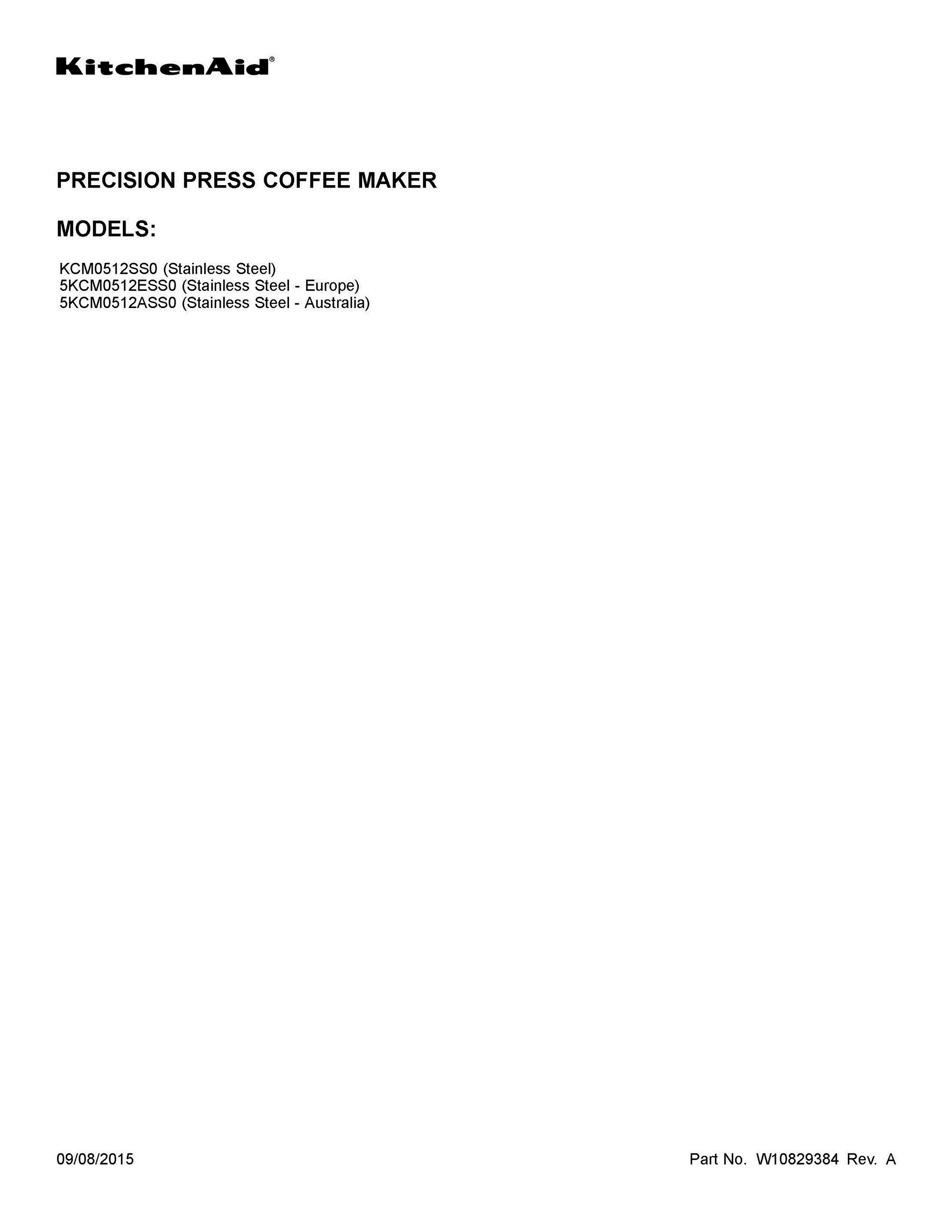 01 - COVER SHEET Diagram and Parts List for 5KCM0512ESS0  Whirlpool Coffee Maker