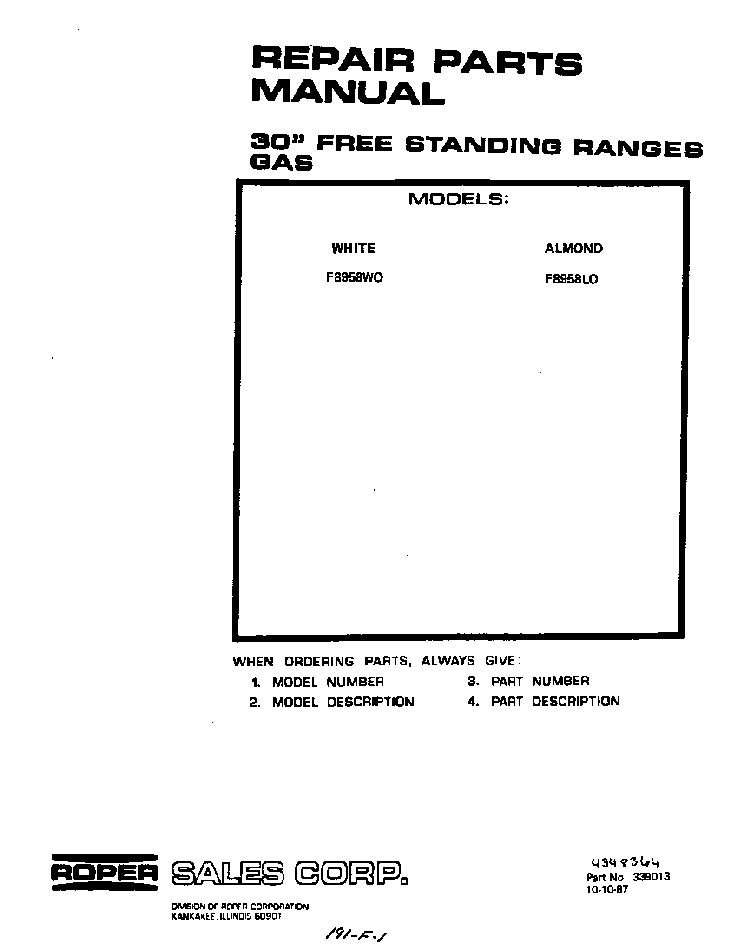 Front Cover Diagram and Parts List for F8958*0  Roper Range