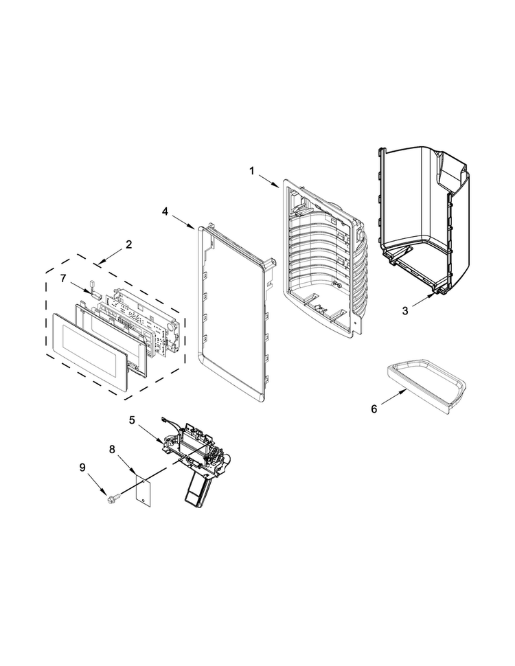 Dispenser Front Parts Diagram and Parts List for 7WF736SDAM11  Whirlpool Refrigerator