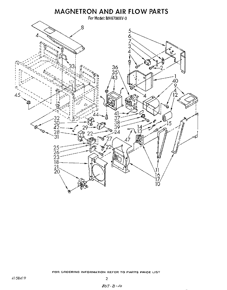 MAGNETRON AND AIR FLOW Diagram and Parts List for MH6700XV0  Whirlpool Microwave