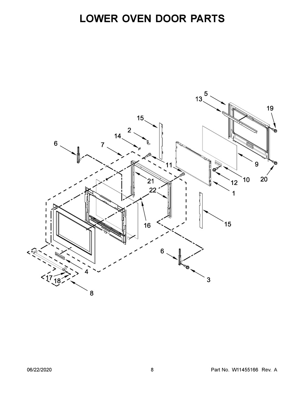 Lower Oven Door Parts Diagram and Parts List for KODE500EBL05  Whirlpool Microwave Oven Combo