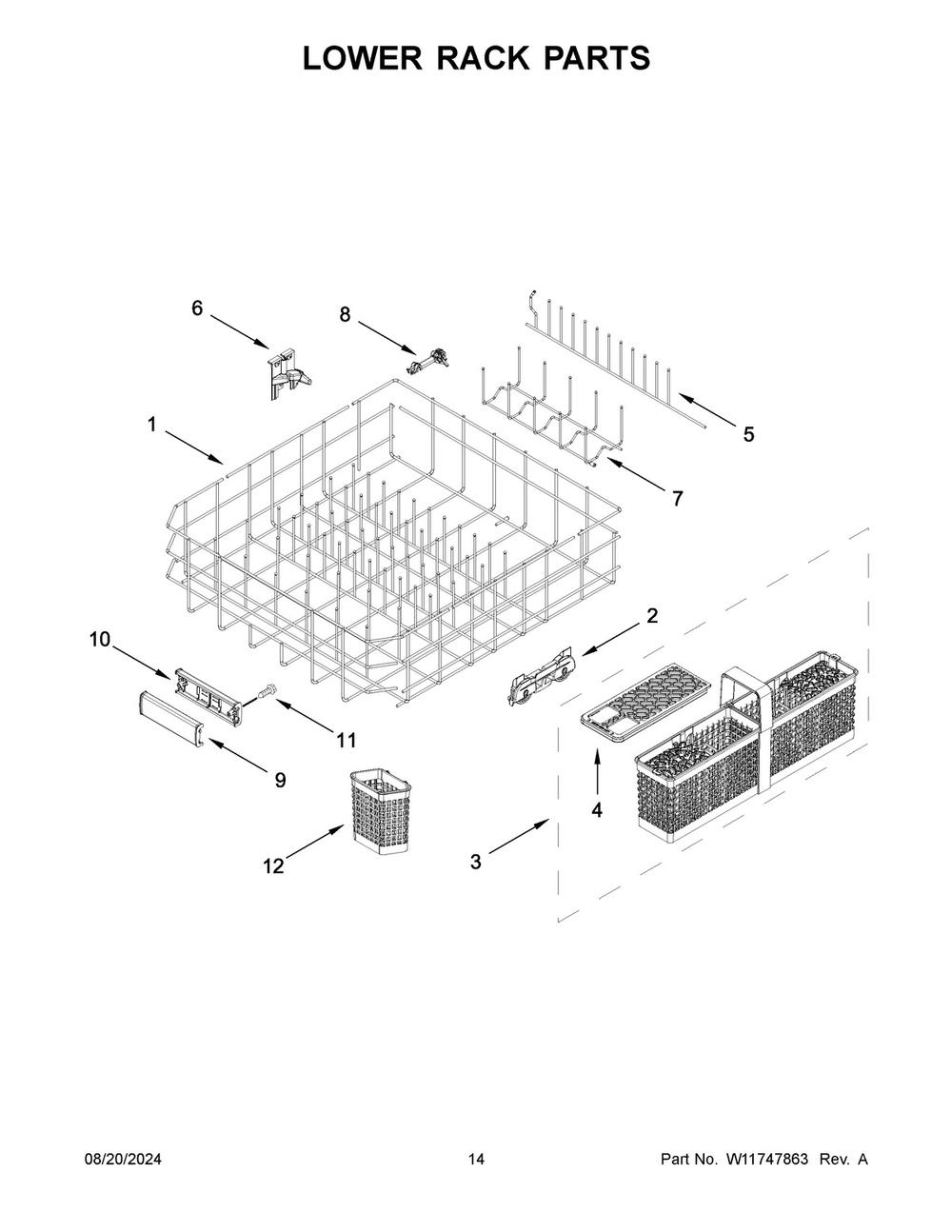 08 - Lower Rack Parts Diagram and Parts List for KDTM704KPS3  Whirlpool Dishwasher