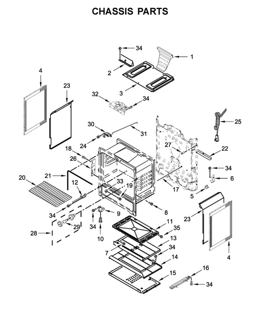 Chassis Parts Diagram and Parts List for WFG525S0JS1  Whirlpool Range
