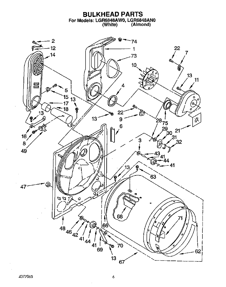 BULKHEAD Diagram and Parts List for LGR6848AN0  Whirlpool Dryer