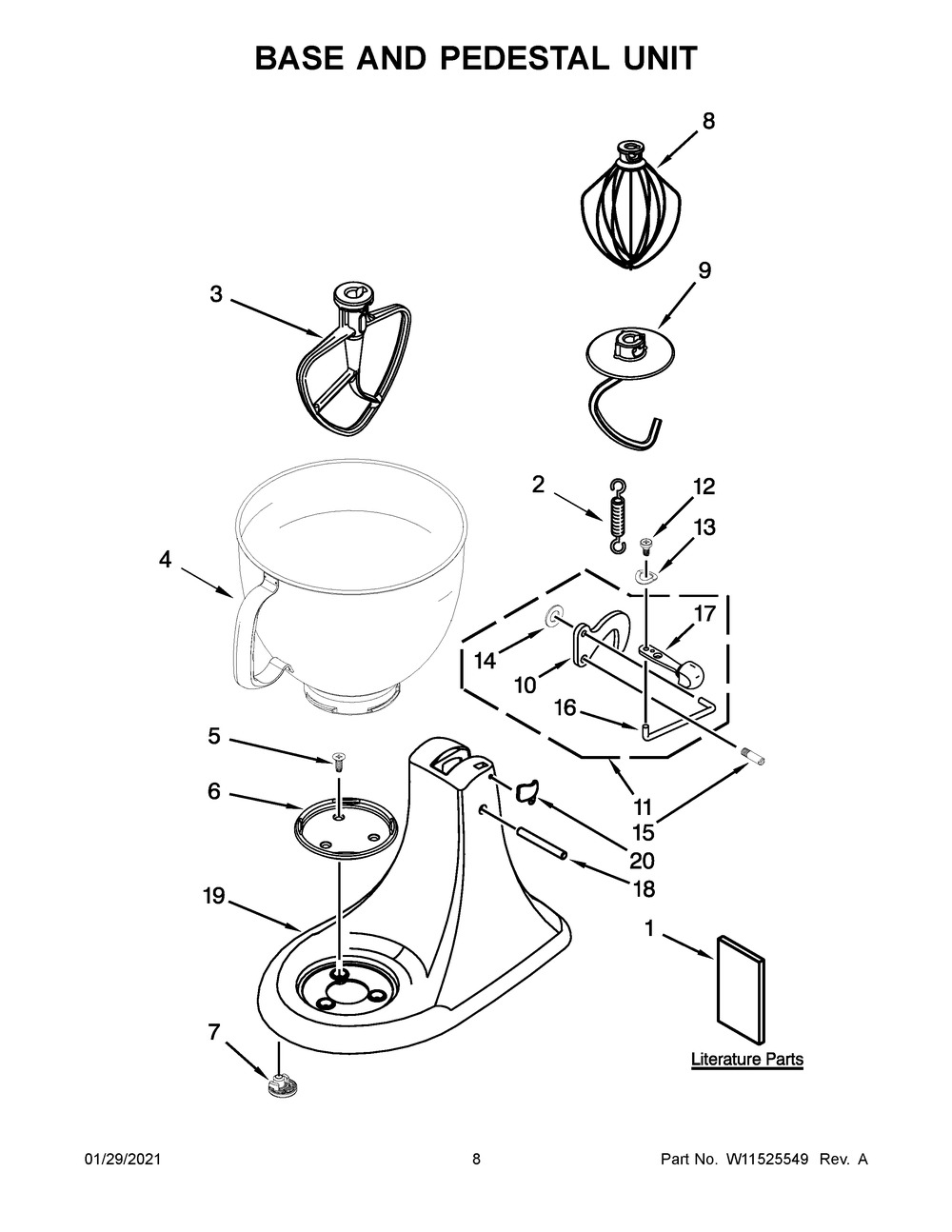 Base And Pedestal Unit Diagram and Parts List for 5KSM156WPEDR4  Whirlpool Mixer