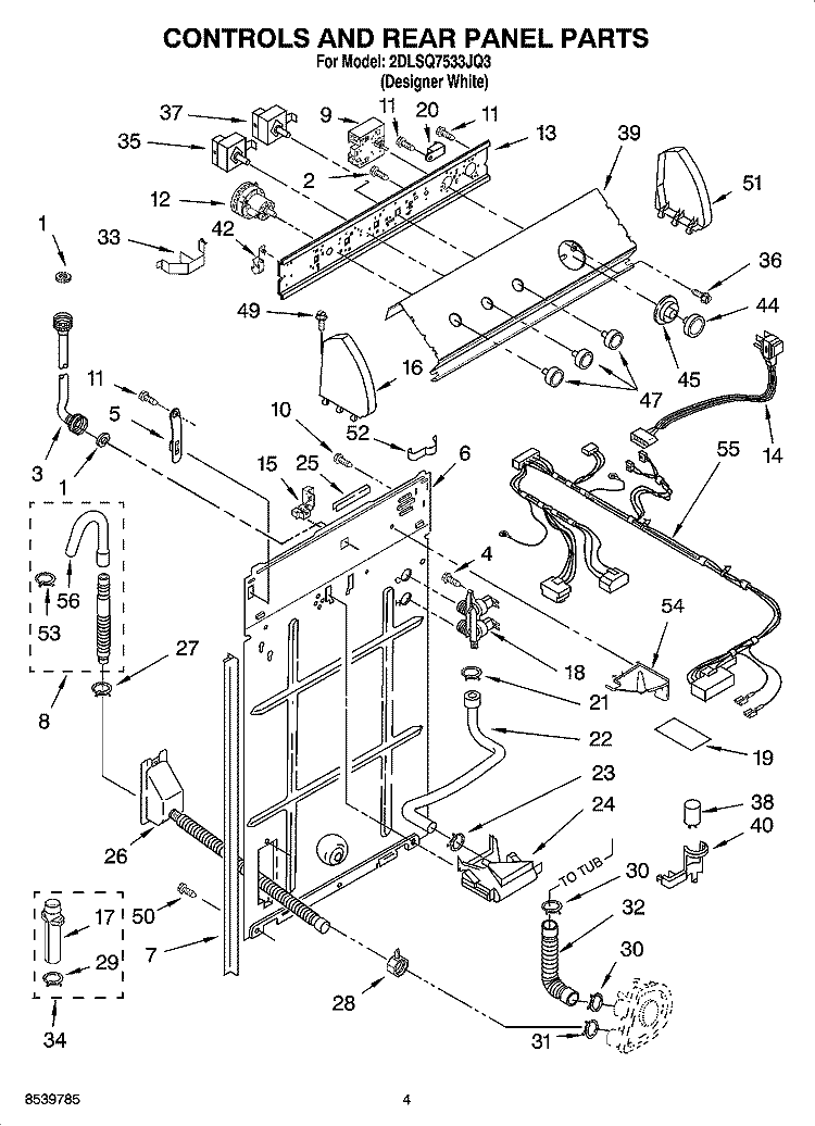 CONTROLS AND REAR PANEL PARTS Diagram and Parts List for 2DLSQ7533JQ3  Whirlpool Washer