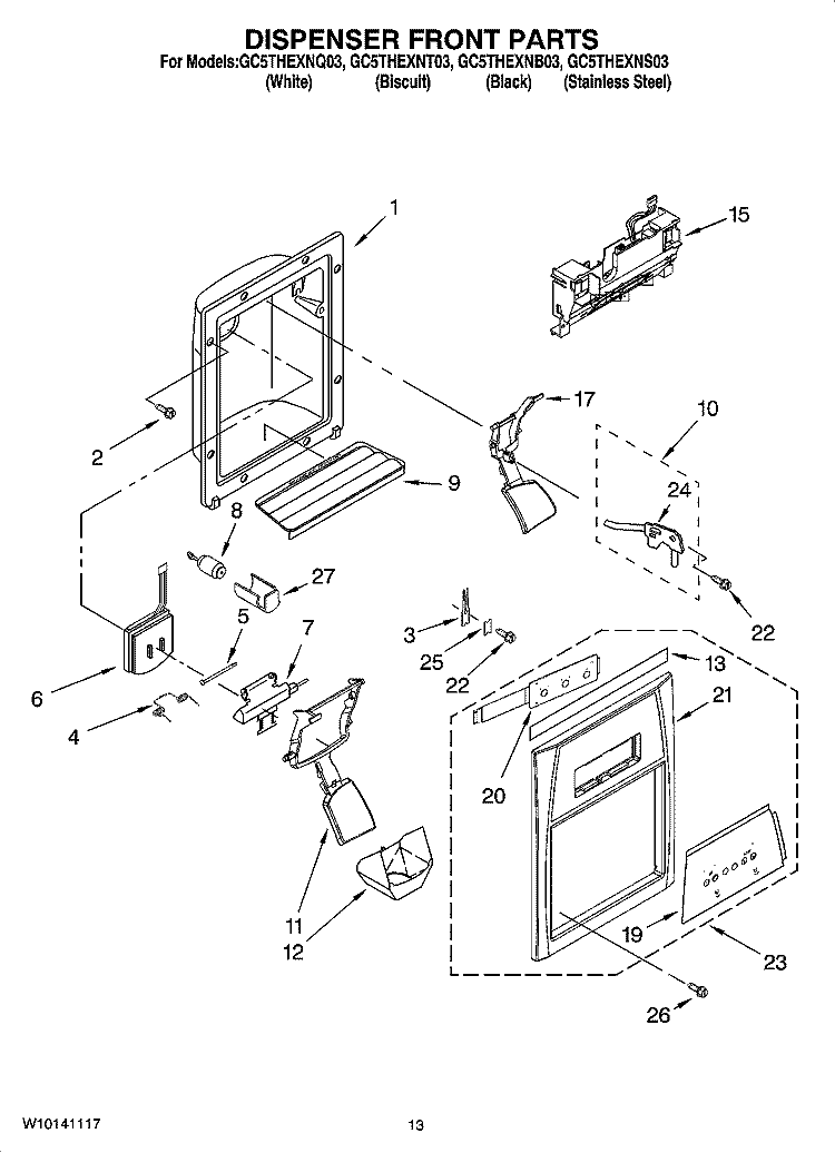 DISPENSER FRONT PARTS Diagram and Parts List for GC5THEXNS03  Whirlpool Refrigerator