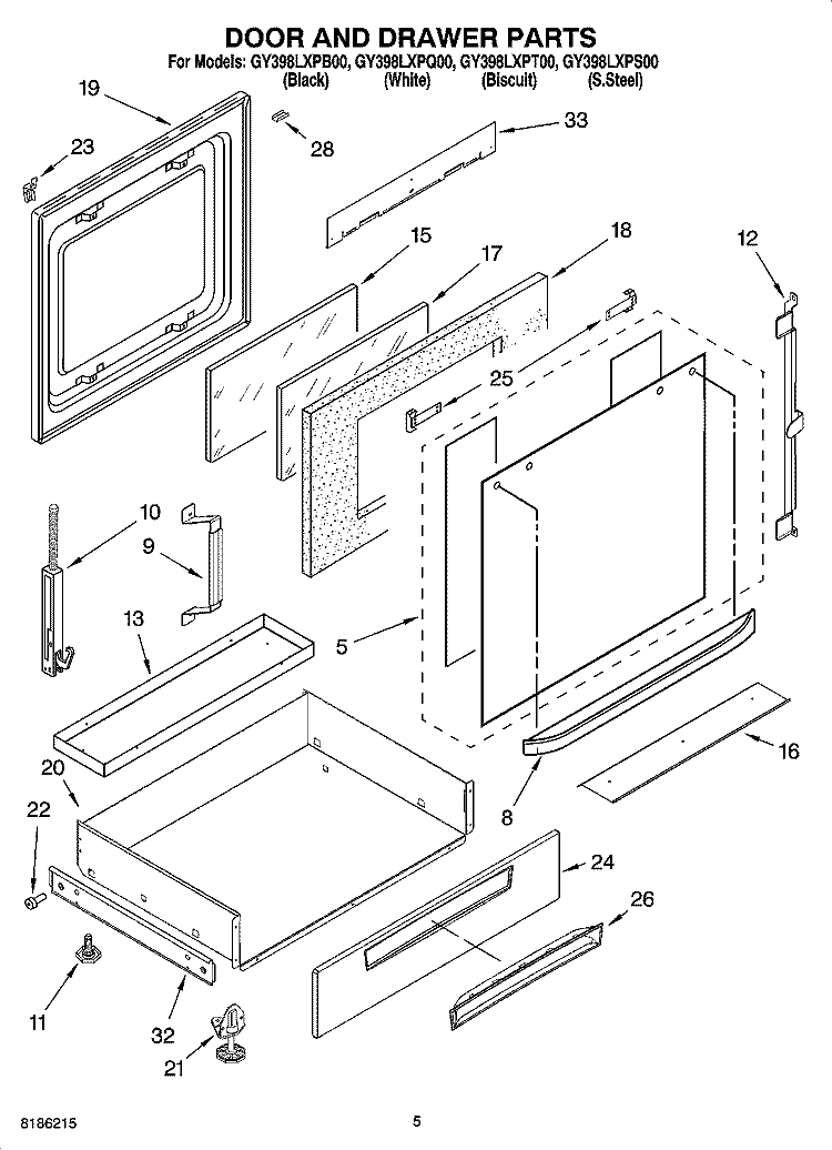 DOOR AND DRAWER PARTS Diagram and Parts List for GY398LXPB00  Whirlpool Range