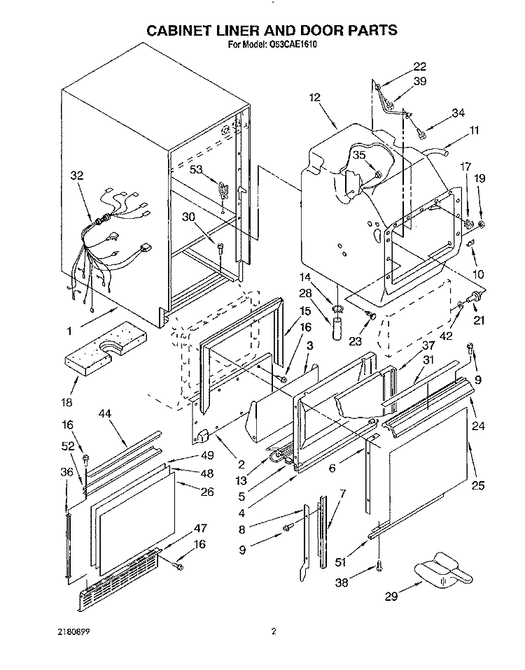 CABINET LINER AND DOOR, LITERATURE Diagram and Parts List for O53CAE1610  Whirlpool Ice Maker