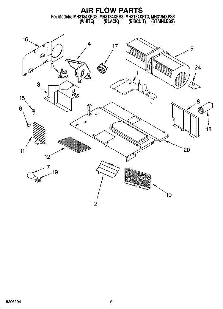 AIR FLOW PARTS Diagram and Parts List for MH3184XPB3  Whirlpool Microwave
