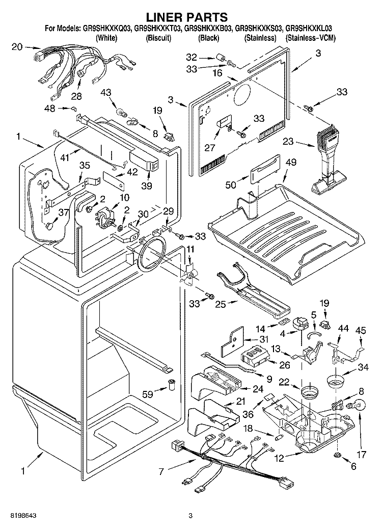 LINER PARTS Diagram and Parts List for GR9SHKXKT03  Whirlpool Refrigerator