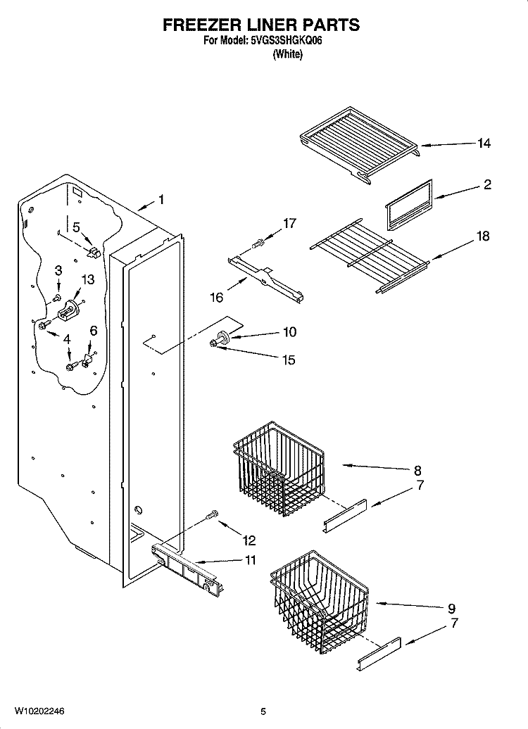 FREEZER LINER PARTS Diagram and Parts List for 5VGS3SHGKQ06  Whirlpool Refrigerator