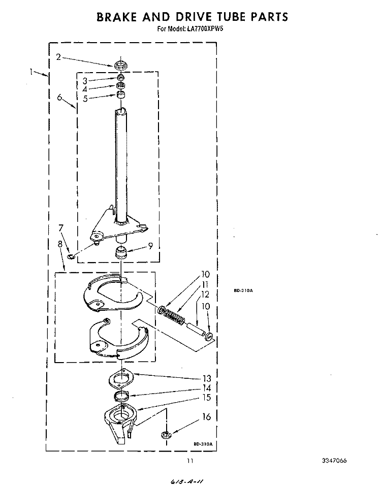 BRAKE AND DRIVE TUBE Diagram and Parts List for LA7700XPW5  Whirlpool Washer