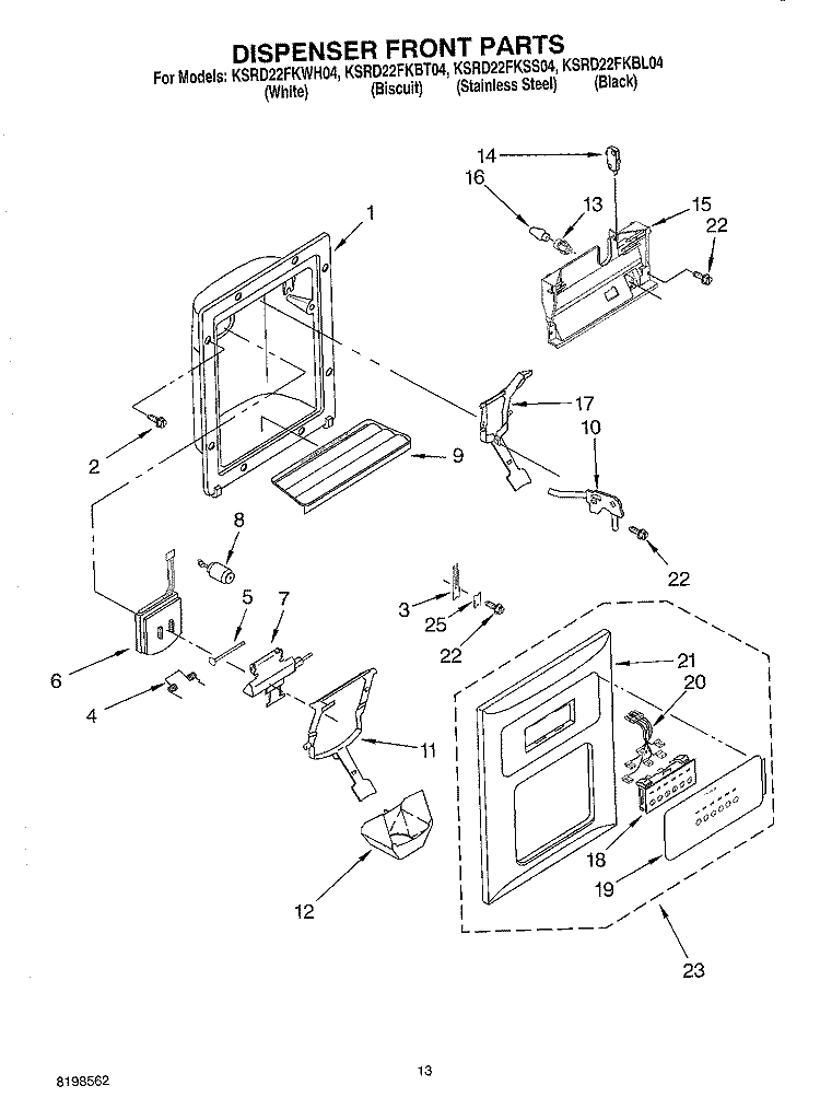 DISPENSER FRONT PARTS Diagram and Parts List for KSRD22FKBL04  KitchenAid Refrigerator