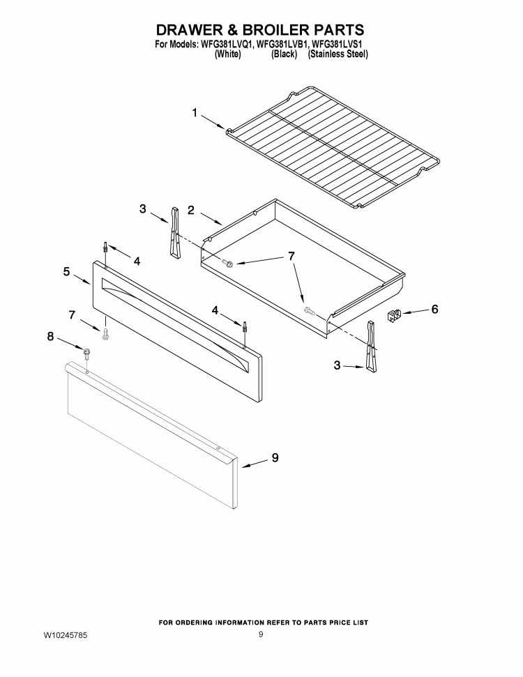 DRAWER & BROILER PARTS Diagram and Parts List for WFG381LVS1  Whirlpool Range