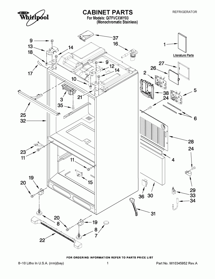 CABINET PARTS Diagram and Parts List for GI7FVCXWY03  Whirlpool Refrigerator
