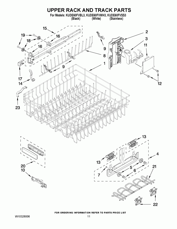 UPPER RACK AND TRACK PARTS Diagram and Parts List for KUDE60FVBL3  KitchenAid Dishwasher