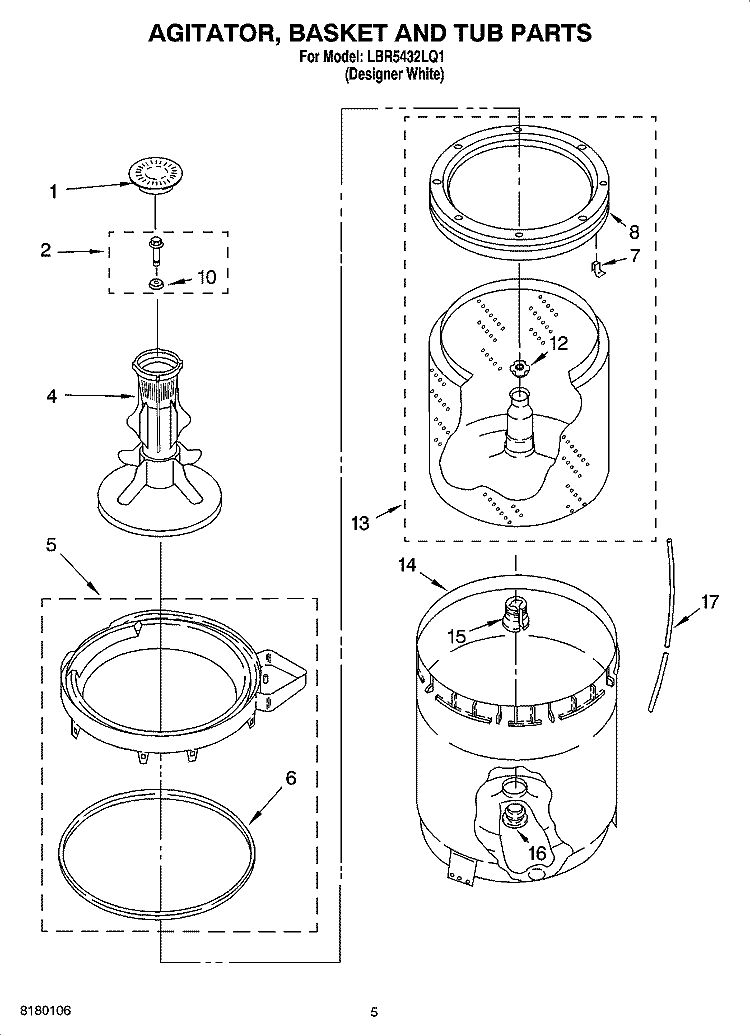 AGITATOR, BASKET AND TUB PARTS Diagram and Parts List for LBR5432LQ1  Whirlpool Washer