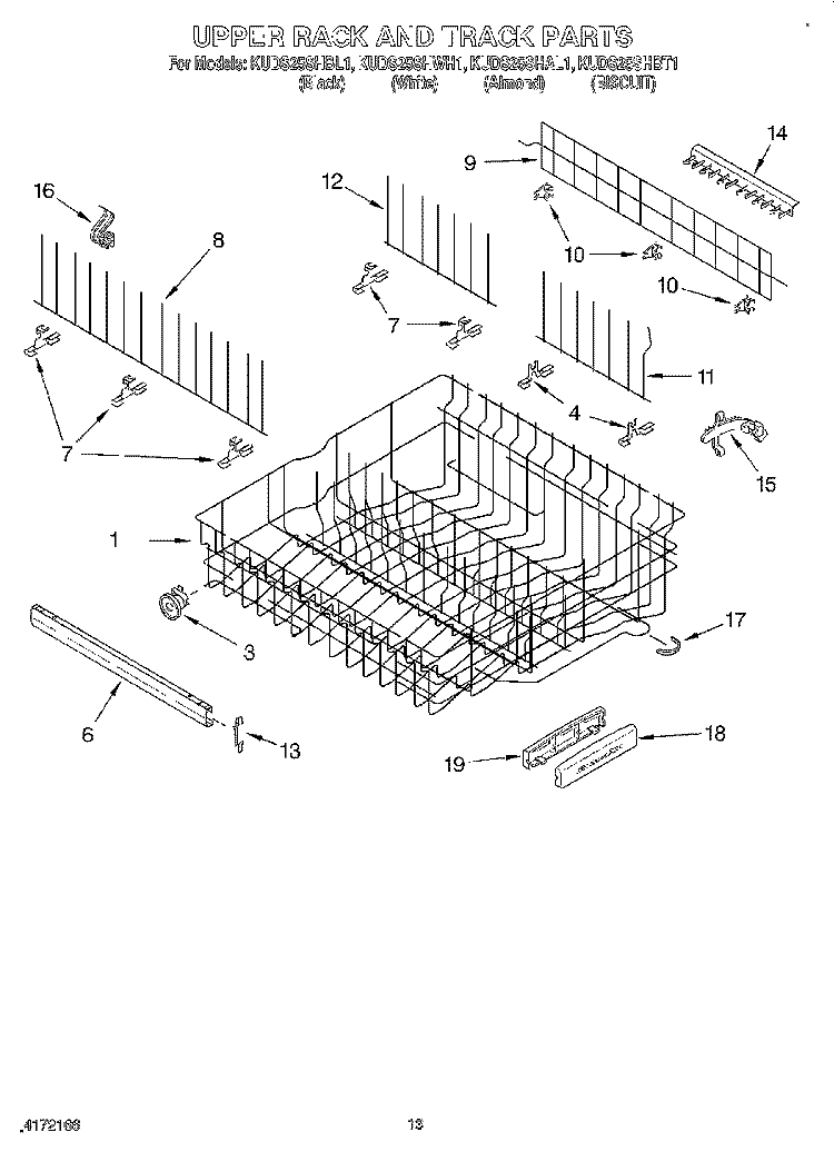 UPPER RACK AND TRACK Diagram and Parts List for KUDS25SHBT1  KitchenAid Dishwasher