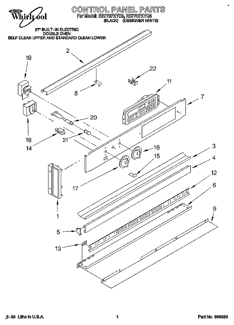 CONTROL PANEL, LITERATURE Diagram and Parts List for RB770PXYQ5  Whirlpool Wall Oven