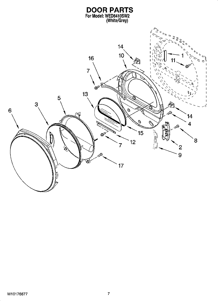 DOOR PARTS, OPTIONAL PARTS (NOT INCLUDED) Diagram and Parts List for WED8410SW2  Whirlpool Dryer