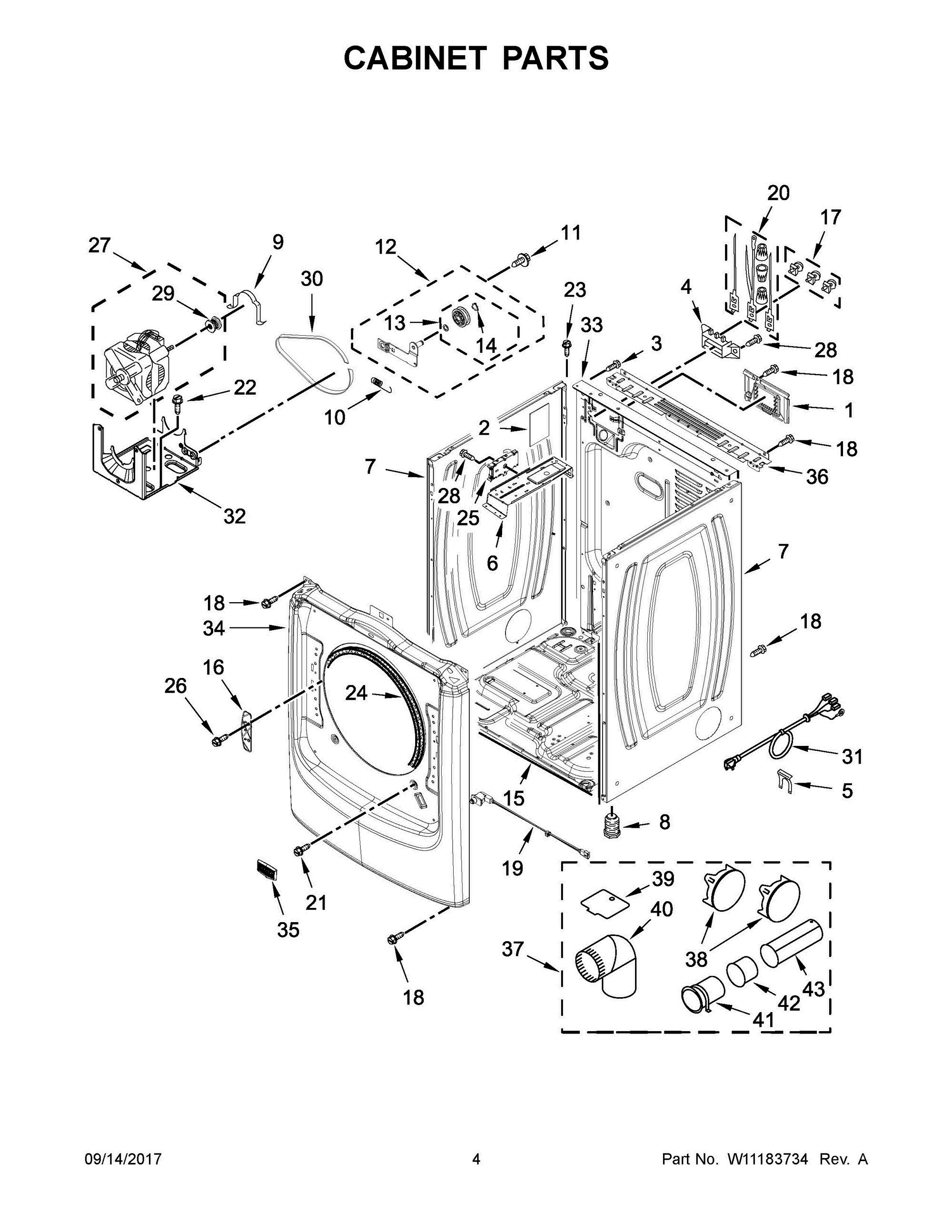 03 - CABINET PARTS Diagram and Parts List for YMED3500FW1  Whirlpool Dryer