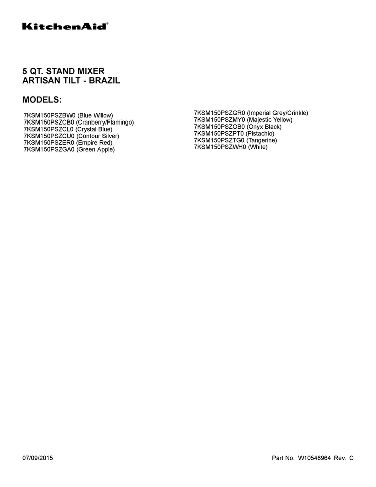 Cover Sheet Diagram and Parts List for 7KSM150PSZMY0  KitchenAid Mixer