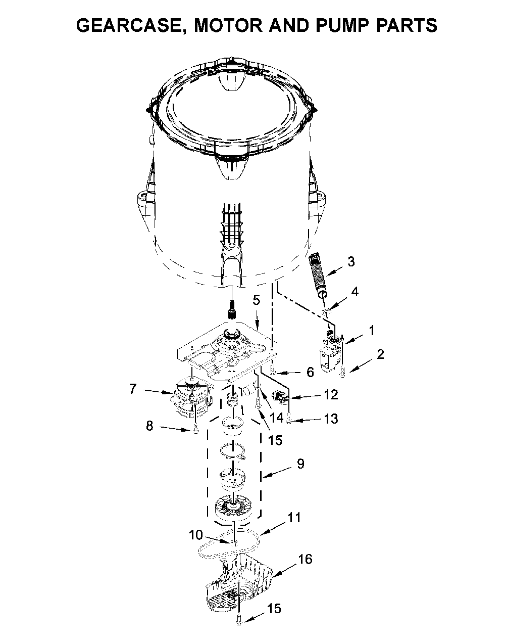 Gearcase, motor and pump parts Diagram and Parts List for WTW4850HW2  Whirlpool Washer