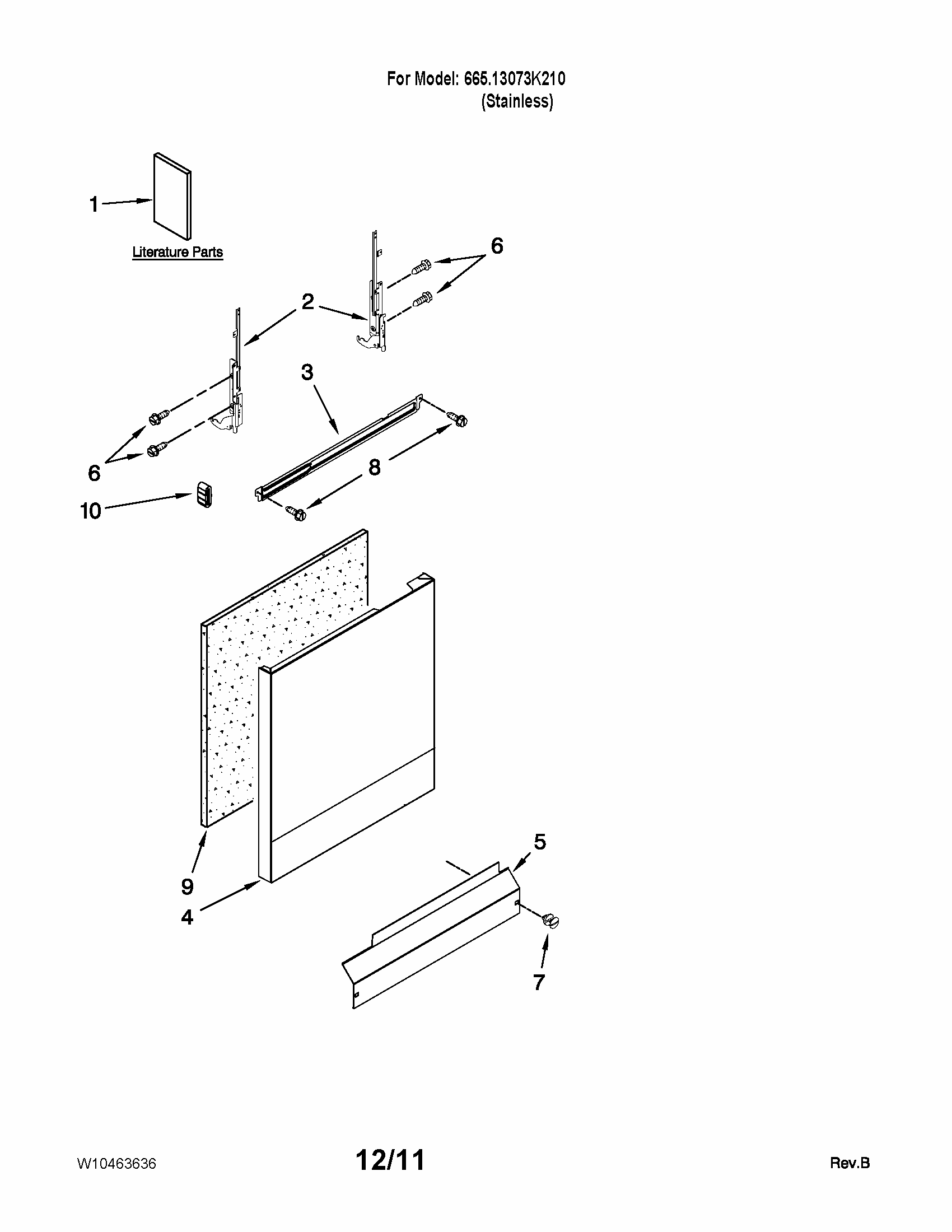 Door And Panel Parts Diagram and Parts List for 66513073K210  Kenmore Dishwasher