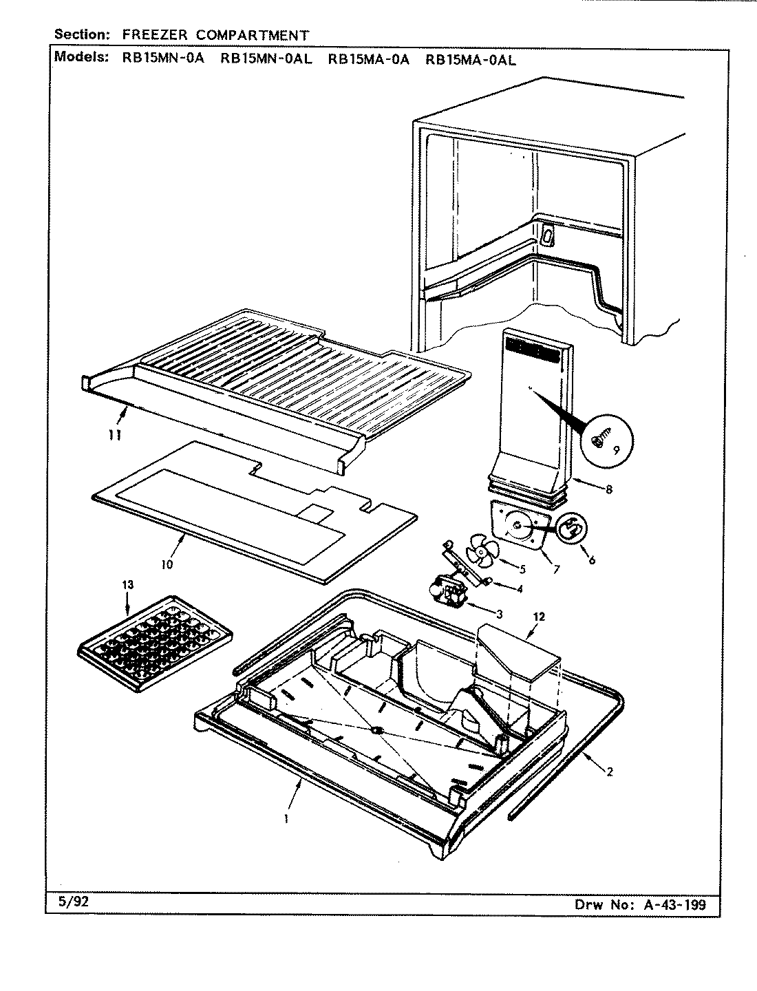 01 - FREEZER COMPARTMENT Diagram and Parts List for RB15MA-0A  Whirlpool Refrigerator