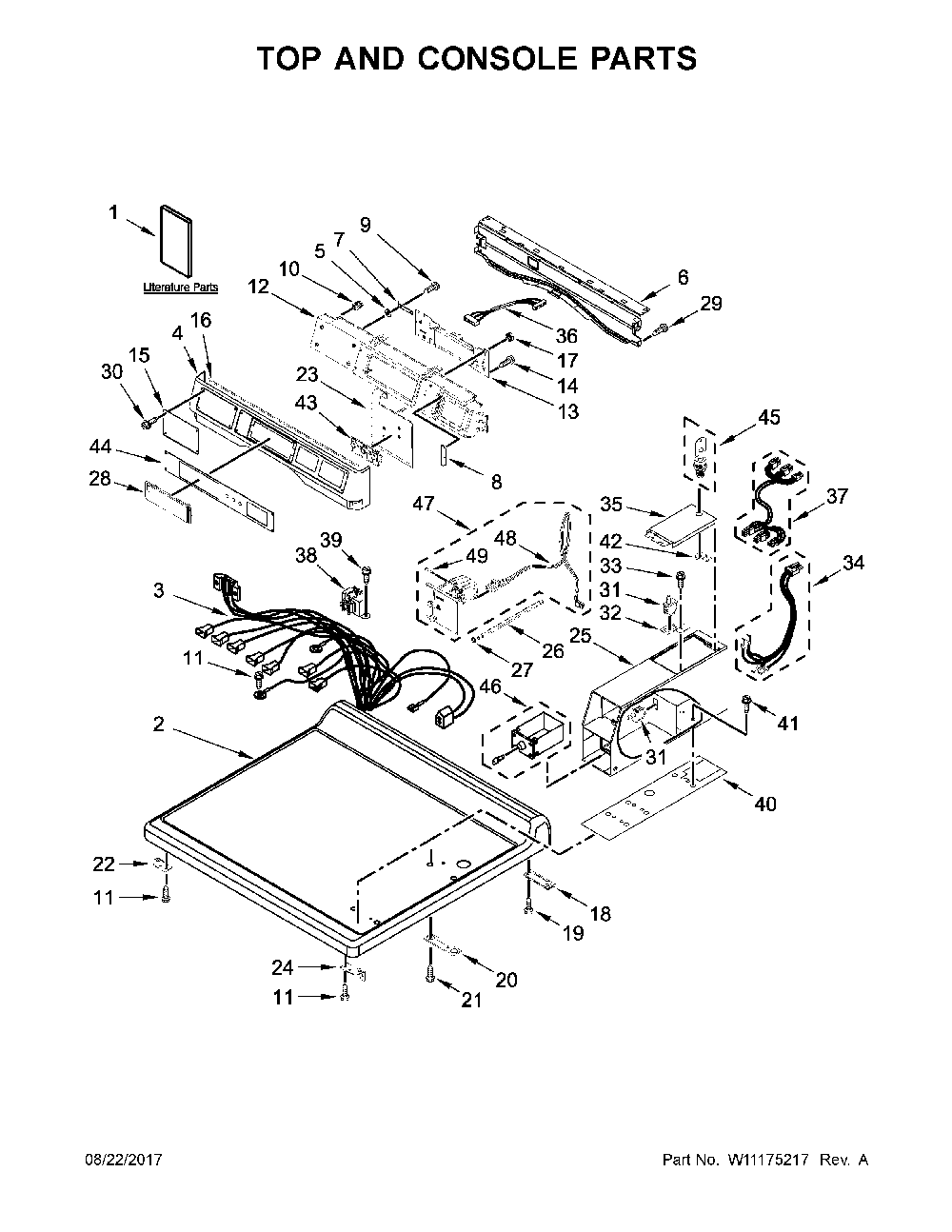 Top and console parts Diagram and Parts List for 11091952710  Kenmore Dryer
