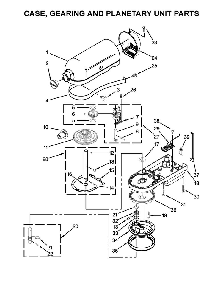 Case, Gearing And Planetary Unit Parts Diagram and Parts List for 3KSM5CBTWH0  KitchenAid Mixer