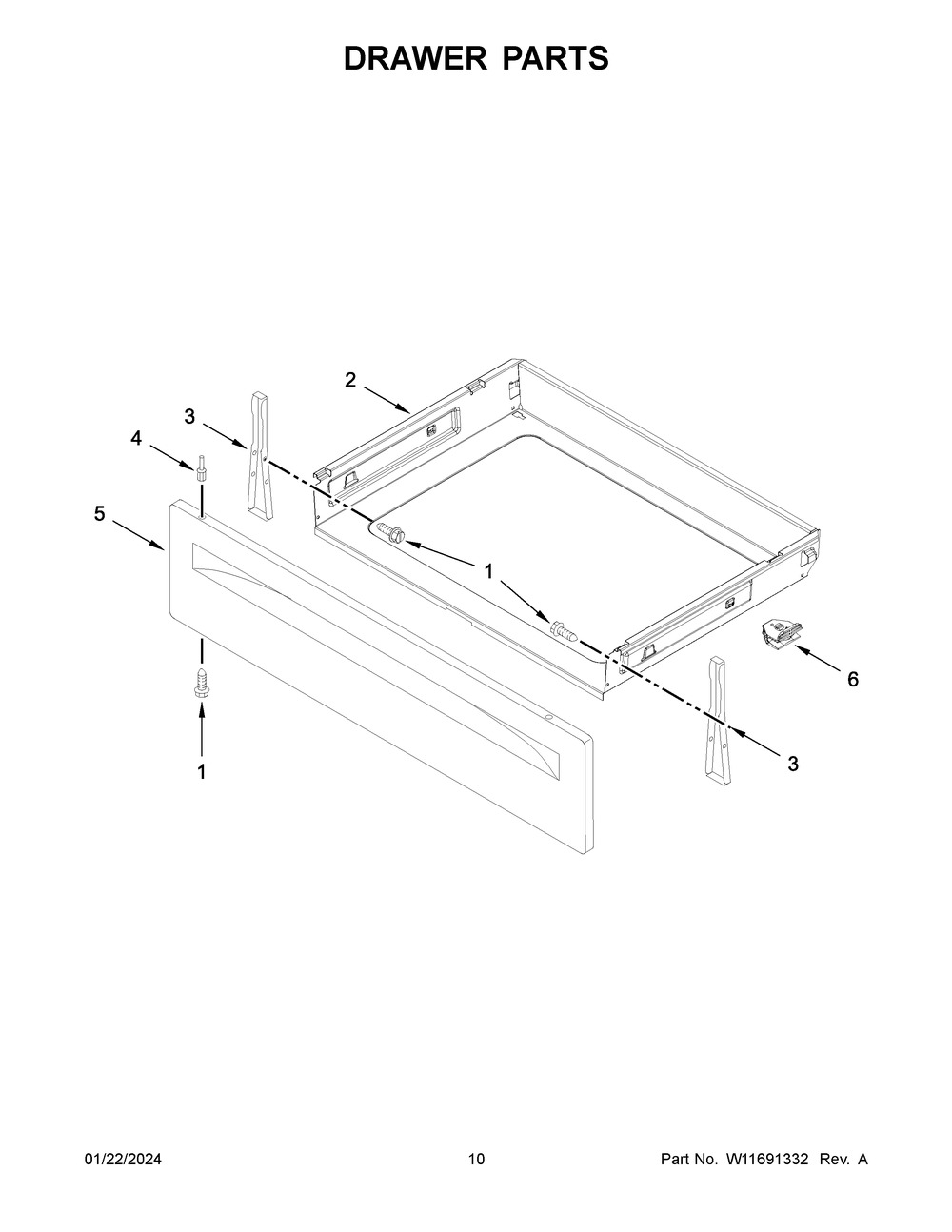 Drawer Parts Diagram and Parts List for WFE550S0LB3  Whirlpool Range