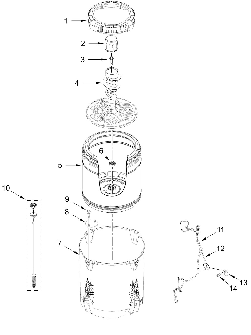 Basket And Tub Parts Diagram and Parts List for MVW7230HW2,MVW7230HC2  Whirlpool Washer