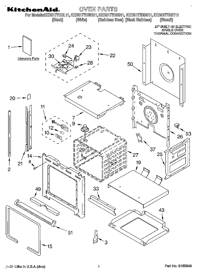 OVEN, LITERATURE Diagram and Parts List for KEBS177DBL11  KitchenAid Wall Oven