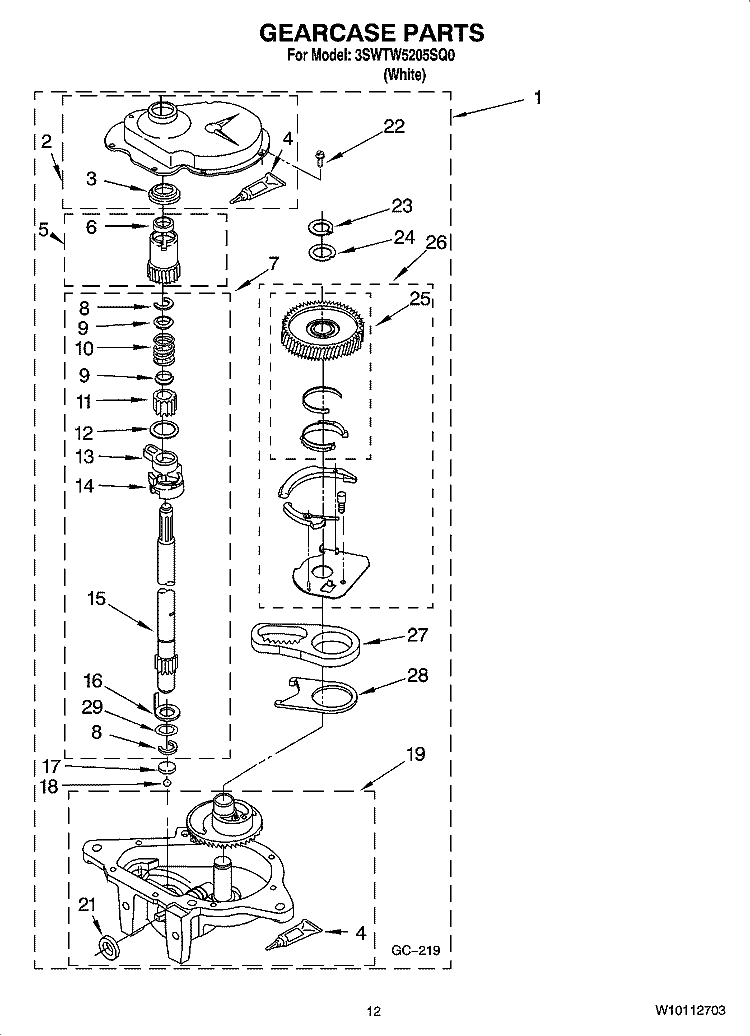 GEARCASE PARTS, OPTIONAL PARTS (NOT INCLUDED) Diagram and Parts List for 3SWTW5205SQ0  Whirlpool Washer