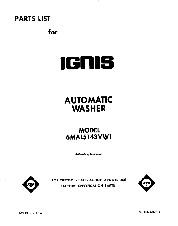 Front Cover Diagram and Parts List for 6MAL5143VW1  Whirlpool Washer