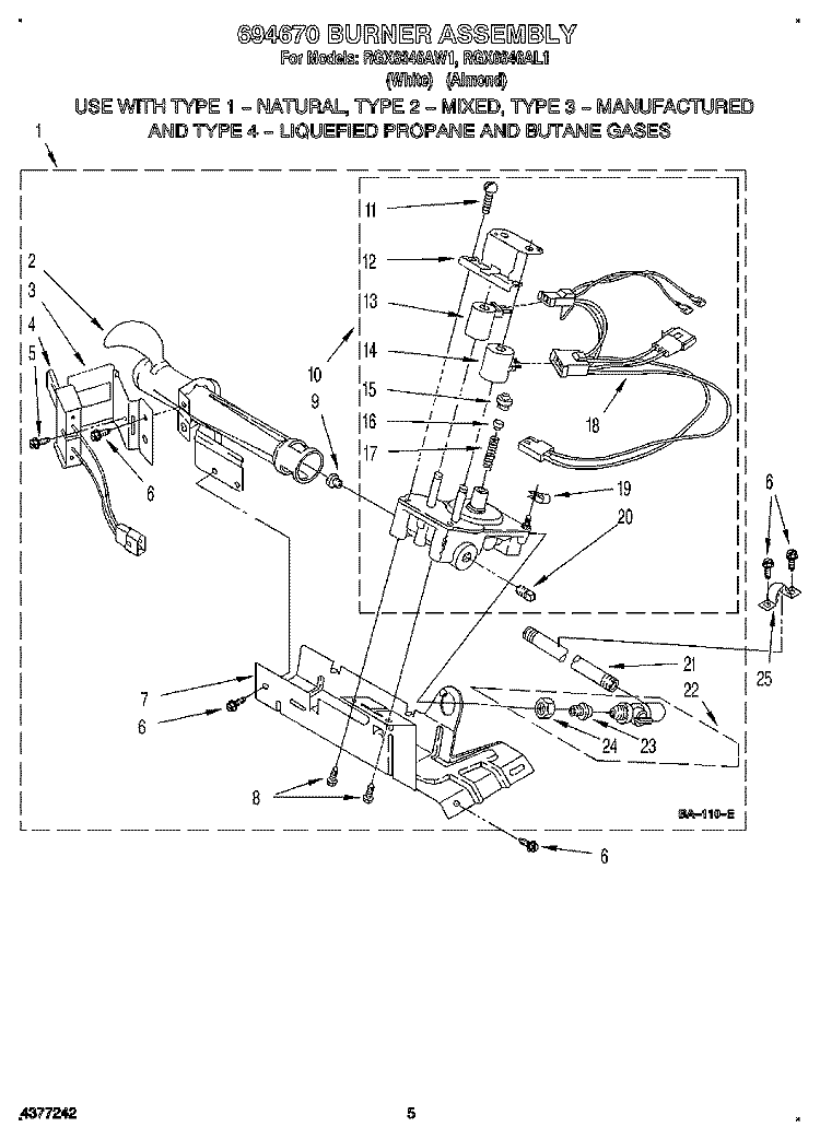 694670 BURNER ASSEMBLY Diagram and Parts List for RGX6646AL1  Roper Dryer