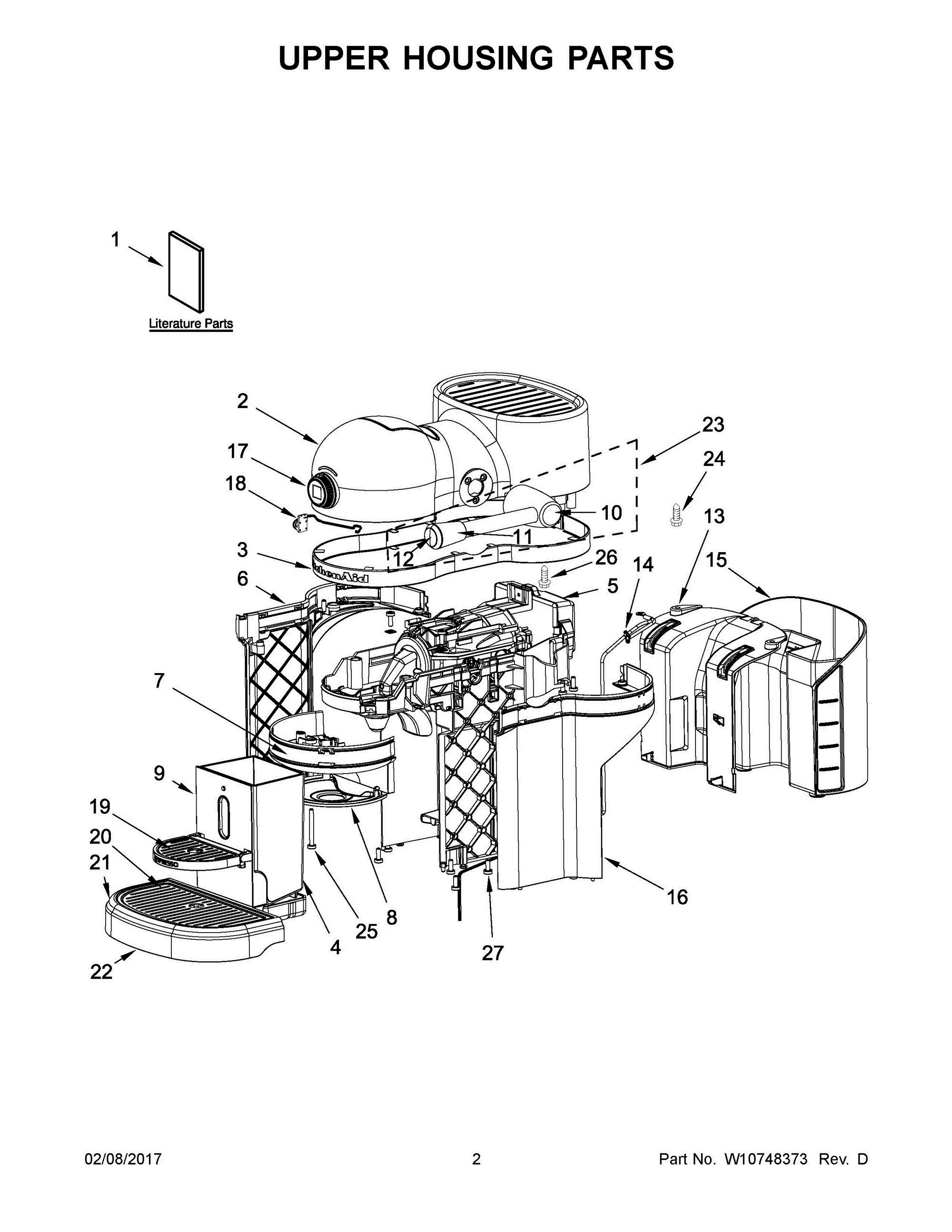 02 - UPPER HOUSING PARTS Diagram and Parts List for 5KES0503EMS0  Whirlpool Coffee Maker