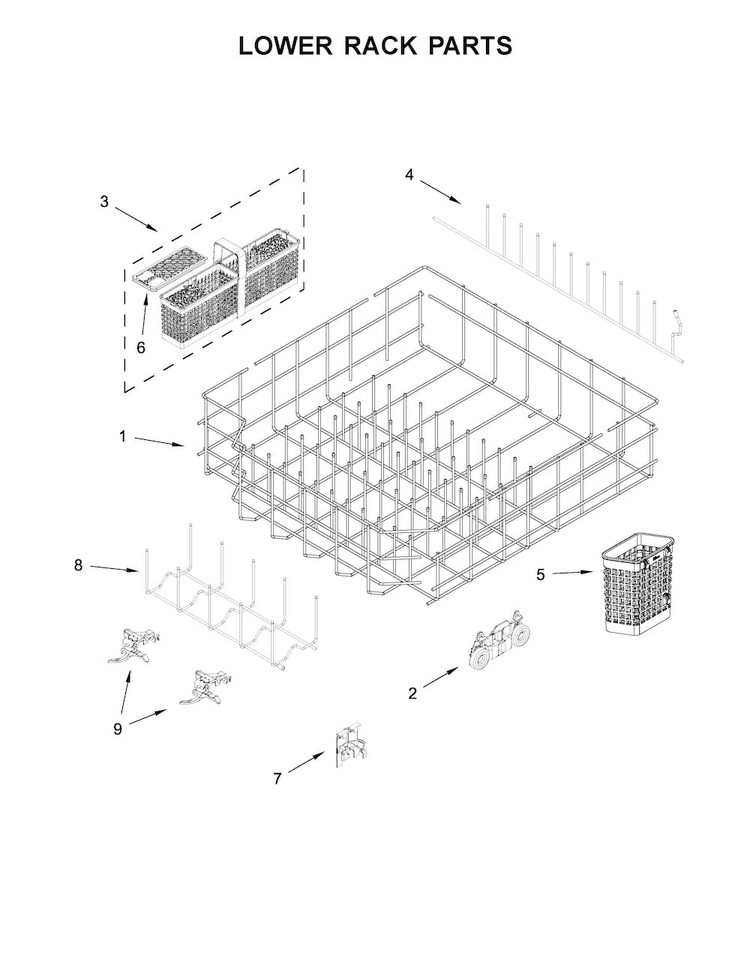 Lower Rack Parts Diagram and Parts List for KDTM354EBS2  KitchenAid Dishwasher
