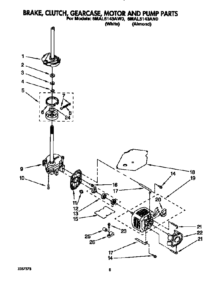 Brake, Clutch, Gearcase, Motor And Pump Diagram and Parts List for 6MAL5143AW0  Whirlpool Washer