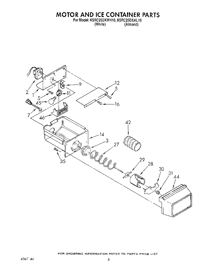 MOTOR AND ICE CONTAINER Diagram and Parts List for KSRC25DXAL10  KitchenAid Refrigerator