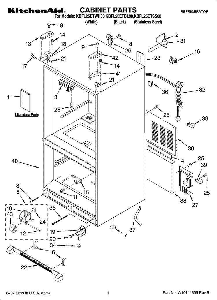 CABINET PARTS Diagram and Parts List for KBFL25ETBL00  KitchenAid Refrigerator
