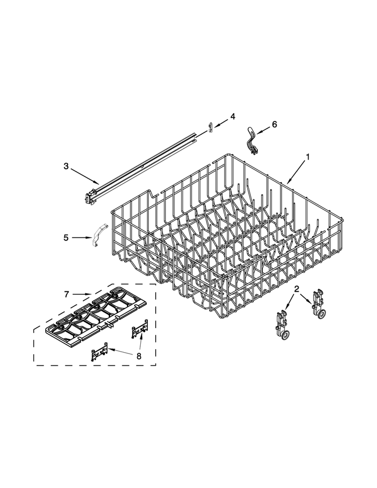 Upper Rack And Track Parts Diagram and Parts List for 7WDT790SAYM3  Whirlpool Dishwasher