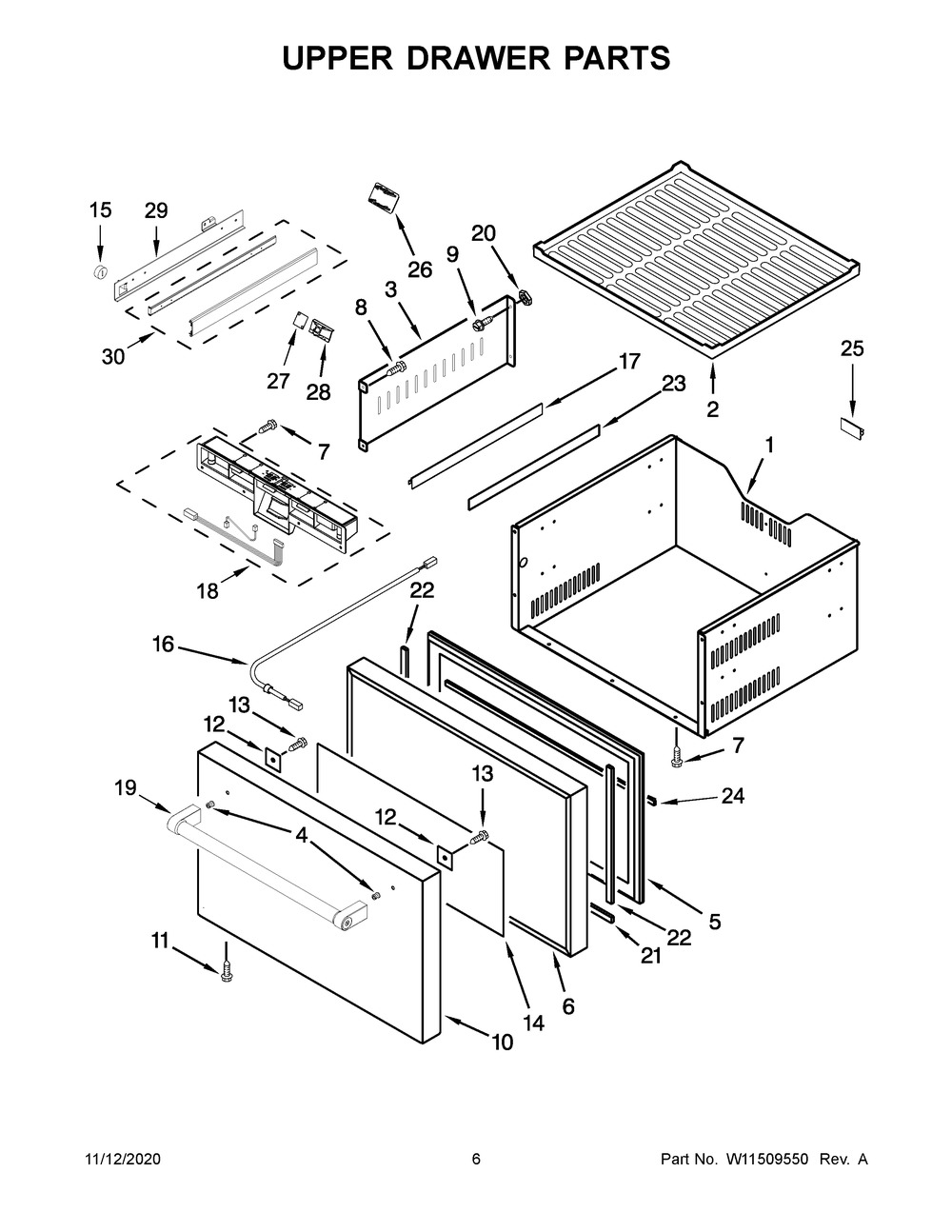 Upper Drawer Parts Diagram and Parts List for KUDF204ESB01  Whirlpool Wine and Beverage Cooler