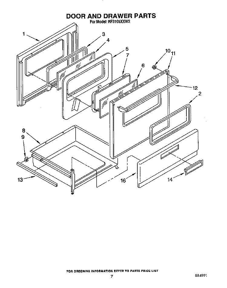 DOOR AND DRAWER Diagram and Parts List for RF3105XXW2  Whirlpool Range