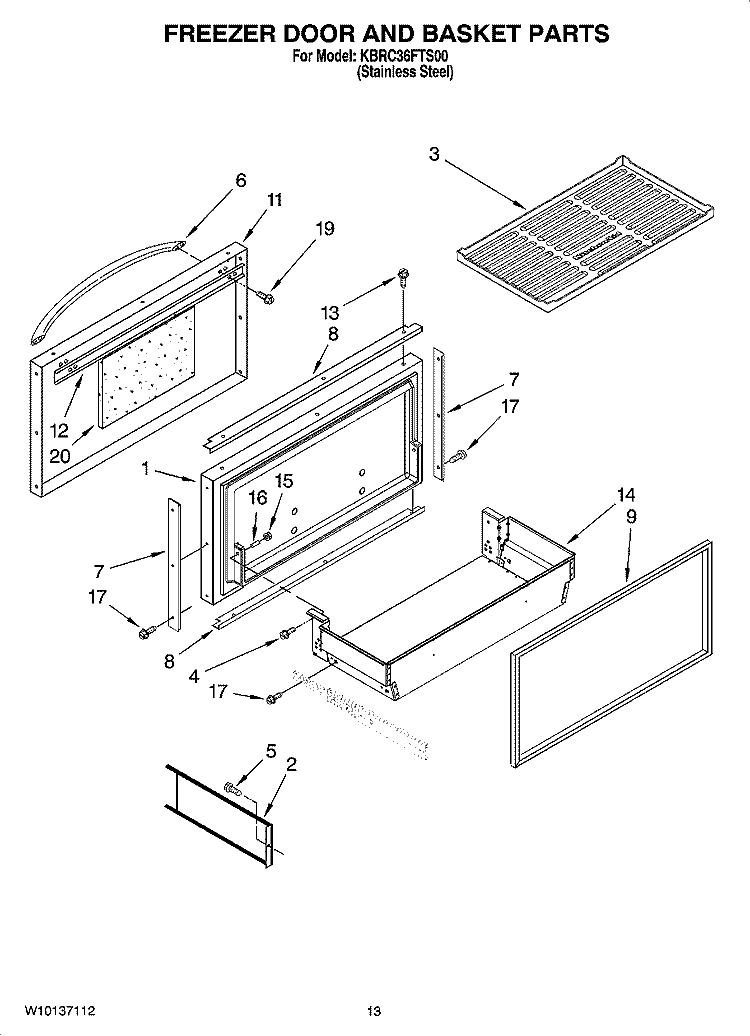 FREEZER DOOR AND BASKET PARTS Diagram and Parts List for KBRC36FTS00  KitchenAid Refrigerator