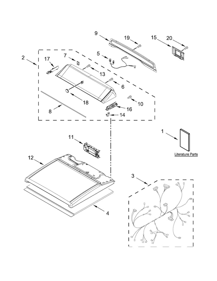 Top And Console Parts Diagram and Parts List for 11079132412  Kenmore Dryer