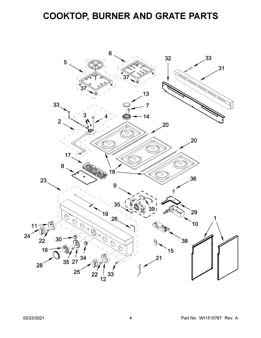 Cooktop, Burner And Grate Parts Diagram and Parts List for KFGC506JPA02  Whirlpool Range
